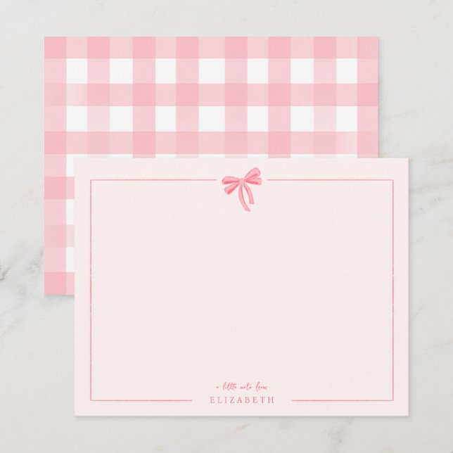 Rosa Gingham Bow Baby Kids Personlig Stationery Anteckningskort (Fram/baksida)