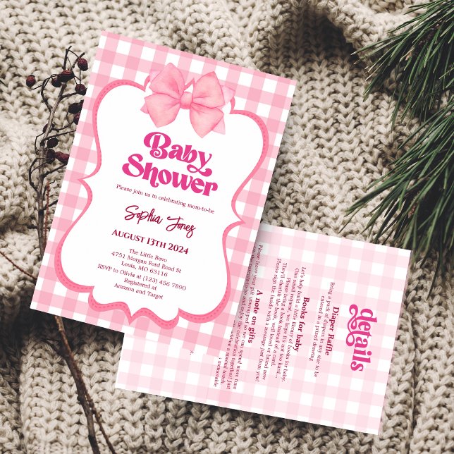 Rosa Gingham Bow Baby Shower Cute Girl Baby Shower Inbjudningar (Skapare uppladdad)