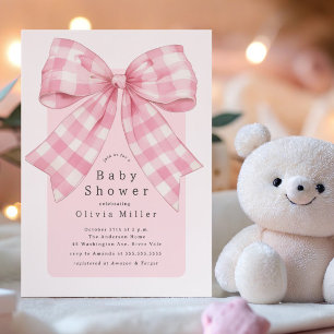 Rosa Gingham Bow Baby Shower Inbjudningar