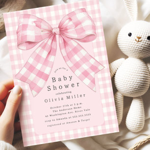 Rosa Gingham Bow Baby Shower Inbjudningar