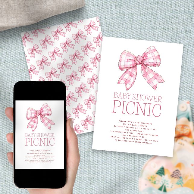 Rosa Gingham Bow Baby Shower Picnic Inbjudningar (Available digitally and printed)