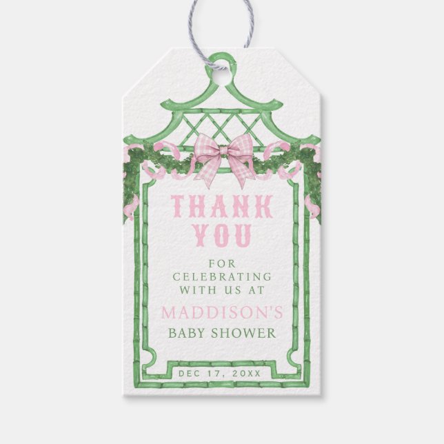 Rosa Gingham Bow | Baby Shower Presentetikett (Framsidan)