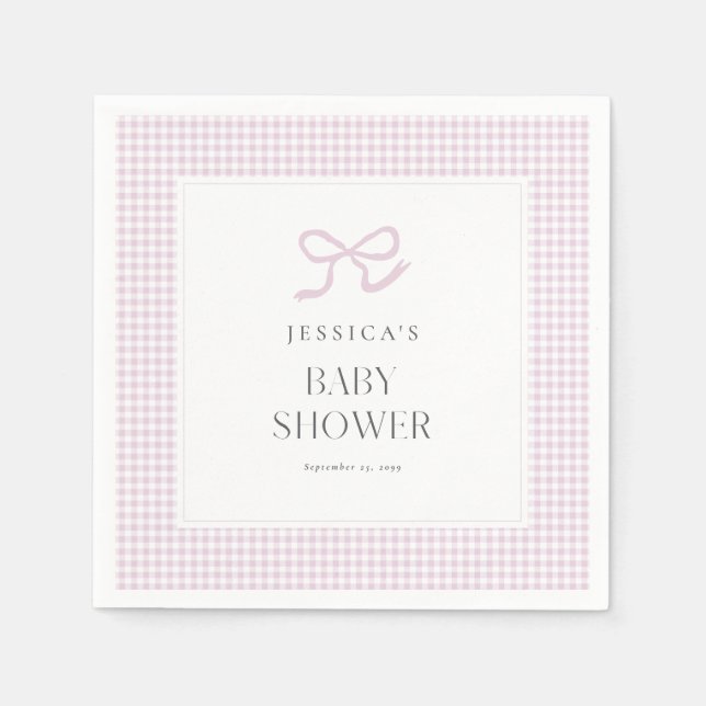 Rosa Gingham Bow Flicka Baby Shower Napkins Pappersservett (Framsidan)