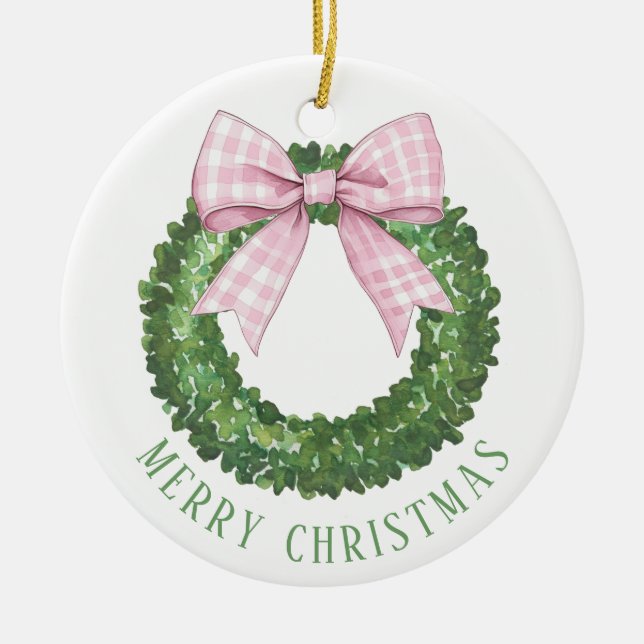 Rosa Gingham Bow Julgransprydnad Keramik (Framsidan)