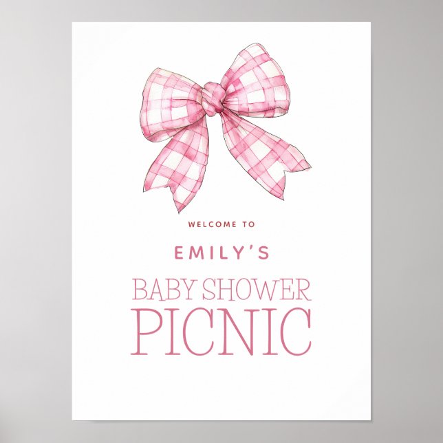 Rosa Gingham Bow Welcome Baby Shower Picnic Poster (Framsidan)