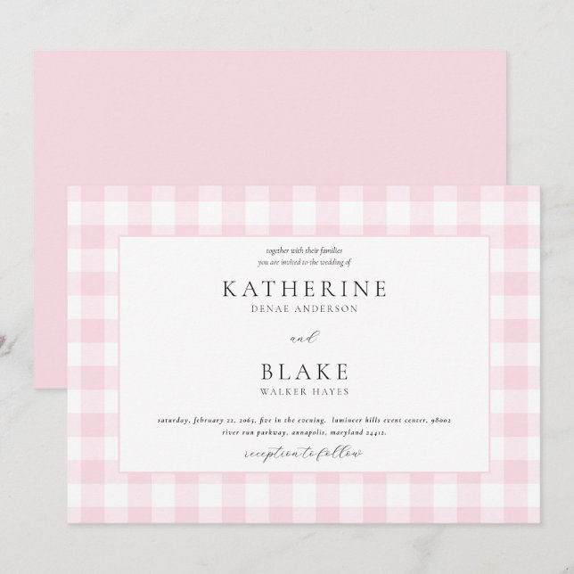 Rosa Gingham Bröllopsinbjudan Inbjudningar (Fram/baksida)