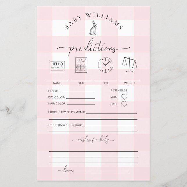 Rosa Gingham Bunny Baby Predictions Game (Framsida)