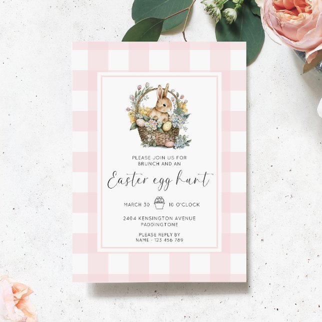Rosa Gingham Bunny Påskägg Hunt Inbjudningar (Easter Egg Hunt Invitation Gingham )