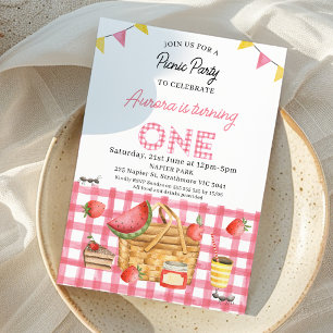 Rosa Gingham Bunting Flaggor Picnic 1:a födelsedag Inbjudningar