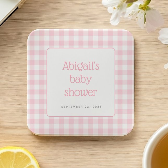 Rosa Gingham Check Rustic Girls Baby Shower Underlägg Papper Kvadrat (Skapare uppladdad)