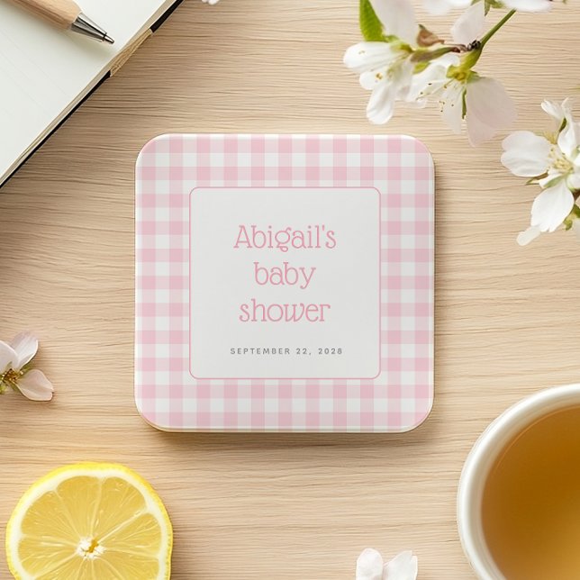 Rosa Gingham Check Rustic Girls Baby Shower Underlägg Papper Kvadrat (Skapare uppladdad)