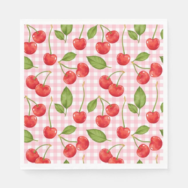 Rosa Gingham Cherry Birthday Napkins Pappersservett (Framsidan)
