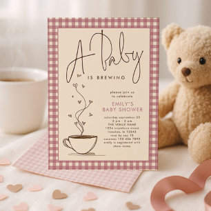 Rosa Gingham Coffee Baby är Brewing Shower Inbjudningar