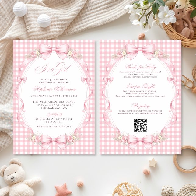 Rosa Gingham Coquette Bow All-in-One Bebisduschar Inbjudningar (Pink Gingham Coquette Bow All-in-One Baby Shower Invitation)