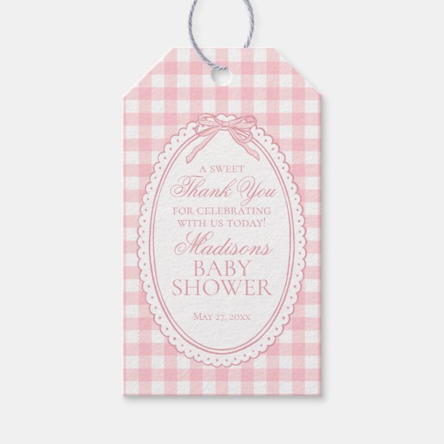 Rosa Gingham Coquette Bow Babyfirandepresenter Presentetikett (Framsidan)