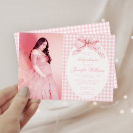 Rosa Gingham Coquette Bow Flicka Shower Photo Inbjudningar