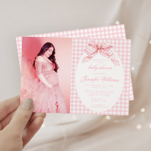 Rosa Gingham Coquette Bow Flicka Shower Photo Inbjudningar