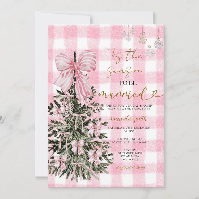 Rosa Gingham Coquette Julgran Bröllopsdusch Inbjudningar (Framsida)