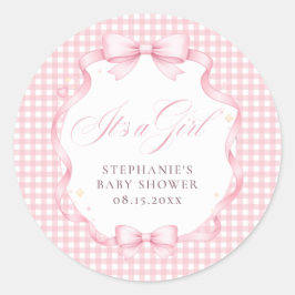 Rosa Gingham Coquette-slöja Det är en tjej - Baby Runt Klistermärke