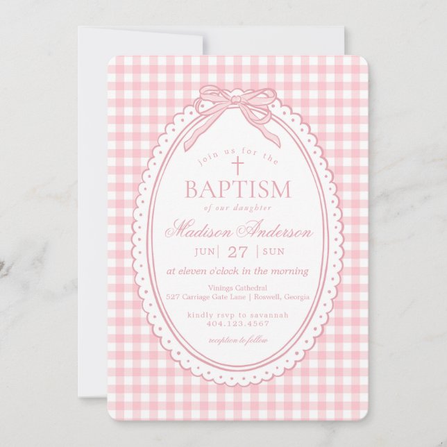 Rosa Gingham Coquette-slöja Dop Inbjudningar (Framsida)
