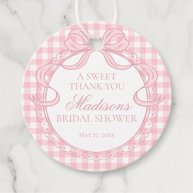 Rosa Gingham Coquette-smycke Bröllopsdusch Cirkel Gåvor Etiketter (Framsida)