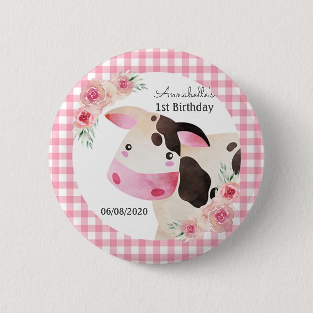 Rosa Gingham Cow Birthday Favor Knapp (Framsida)