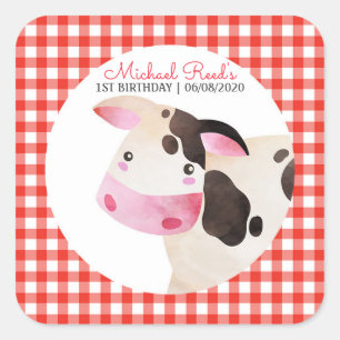 Rosa Gingham Cow Farm Animal Birthday Barnyard Fyrkantigt Klistermärke