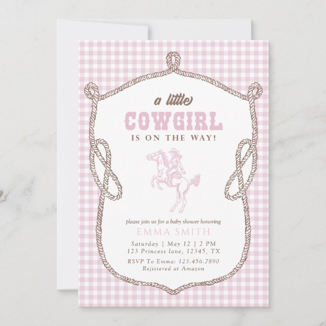 Rosa Gingham Cowboy Babyfirande Vintage Borgerlig Inbjudningar (Framsida)