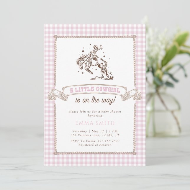 Rosa Gingham Cowboybabyshower Vilda västern Vintag Inbjudningar (Stående Fram)