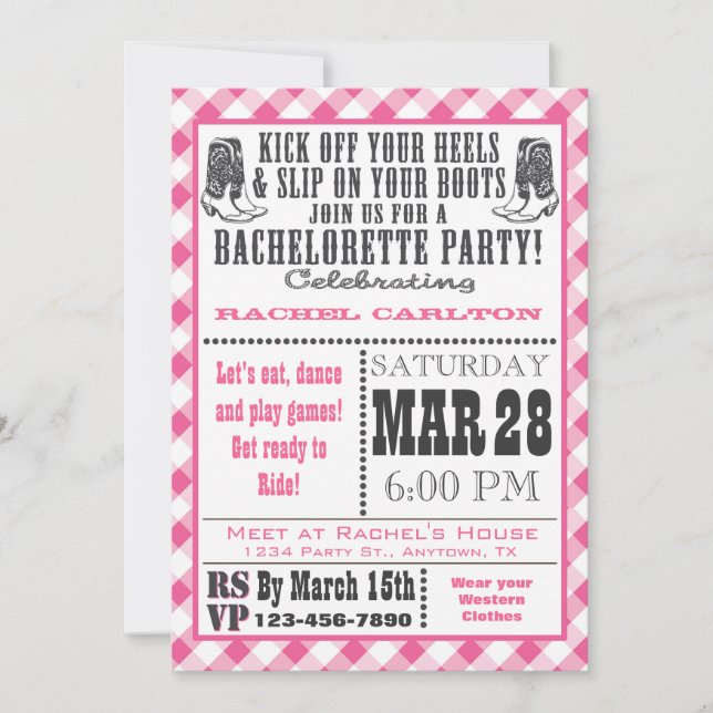 Rosa Gingham Cowgirl Bachelorette Party bjudan Inbjudningar (Framsida)