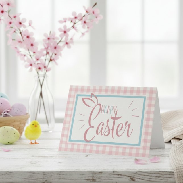 Rosa Gingham Cute Glad påsk Anpassningsbar Helgkort (Pink Gingham Cute Happy Easter Custom Holiday Card)