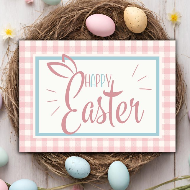 Rosa Gingham Cute Glad påsk Anpassningsbar Helgkort (Pink Gingham Cute Happy Easter Custom Holiday Card)