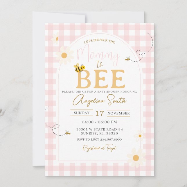 Rosa Gingham-Daisy Bee Baby Shower Mamma to Bee Inbjudningar (Framsida)