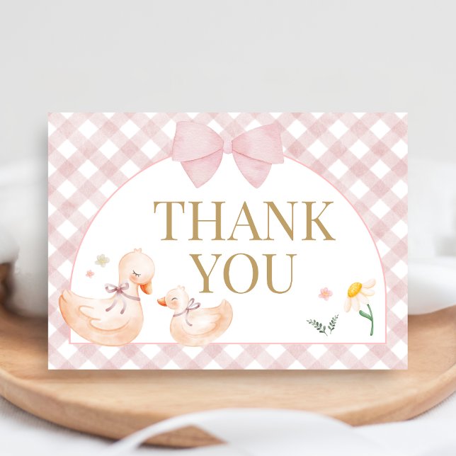 Rosa Gingham Dumma Gås Bebisdopp Tack Kort (Silly Goose Baby Shower Thank You Card)