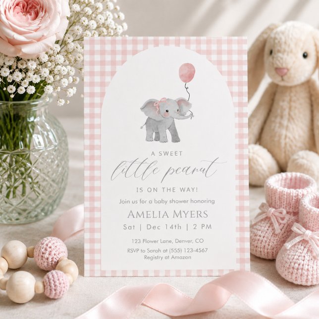 Rosa Gingham Elefant Bebis Shower Tjej Inbjudningar (Skapare uppladdad)