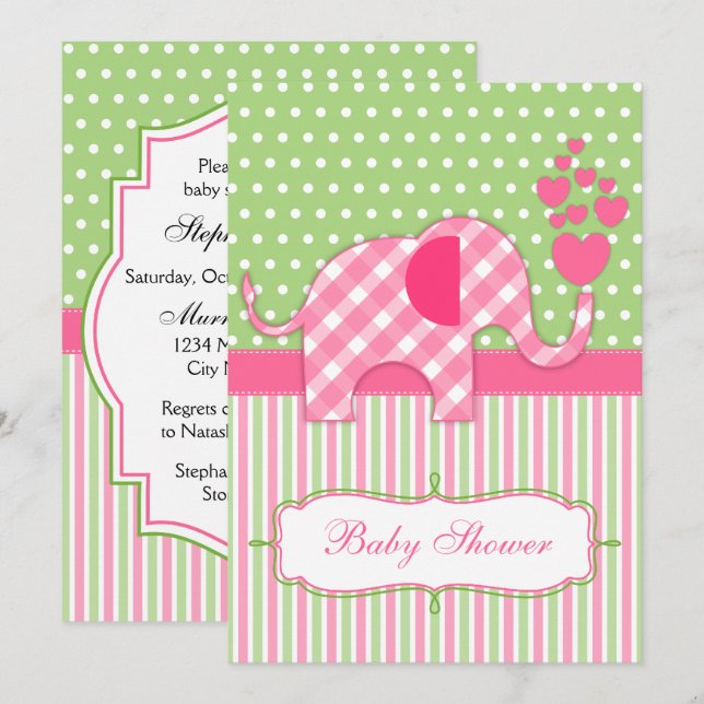 Rosa Gingham Elephant Baby Shower Inbjudningar (Fram/baksida)