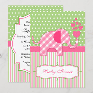 Rosa Gingham Elephant Baby Shower Inbjudningar
