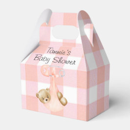 Rosa Gingham & en Cute Nalle Girl Baby Shower Presentaskar