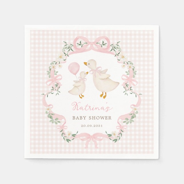 Rosa Gingham Fånig Goose Girl Baby Shower Pappersservett (Framsidan)