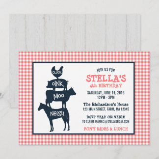 Rosa Gingham Farm Theme Animal Girl Birthday Inbjudningar