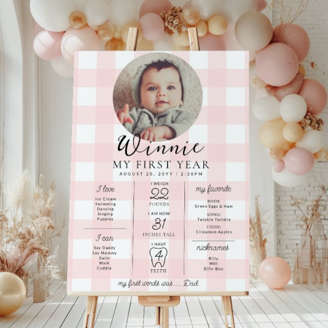 Rosa Gingham First Birthday Milestone Timeline Poster (Skapare uppladdad)