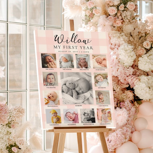 Rosa Gingham Första Födelsedags Foto Tidslinje Poster (Skapare uppladdad)