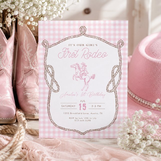 Rosa Gingham Första Rodeo 1-årsdag Cowboy Inbjudningar (Skapare uppladdad)
