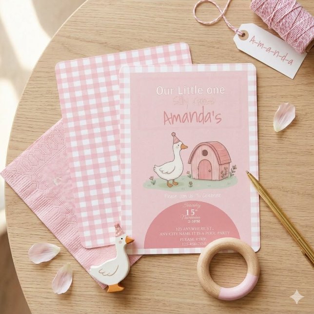 Rosa Gingham Gård Barn Barnkalas Inbjudningar (Skapare uppladdad)