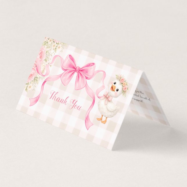 Rosa Gingham Gås Baby Shower Vikt Tack Kort (Framsida)
