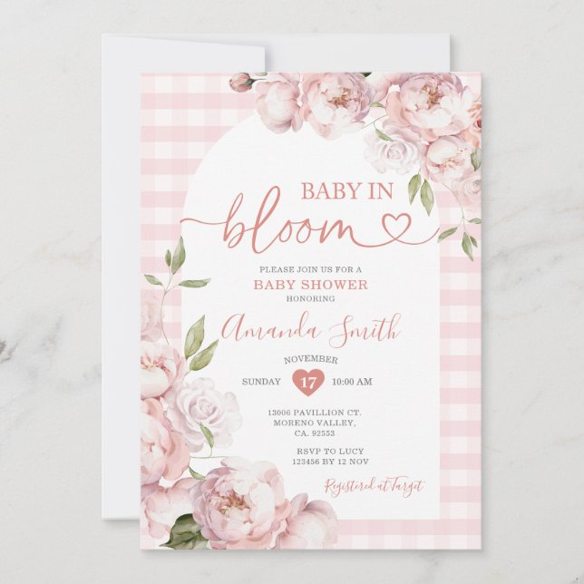 Rosa Gingham Girl Baby Shower Baby i Bloom Inbjudningar (Framsida)