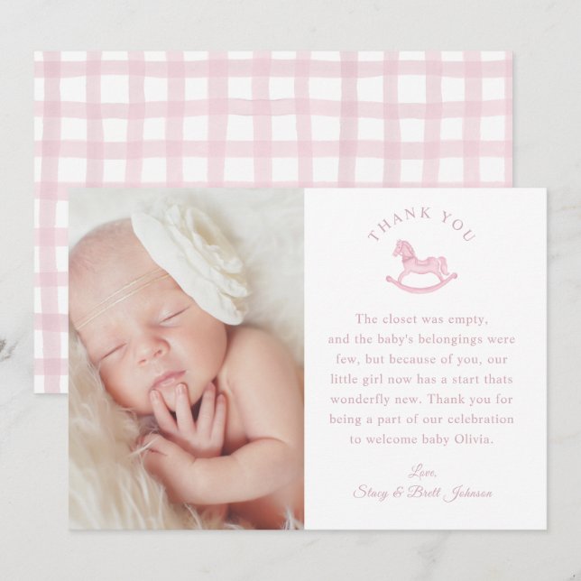 Rosa Gingham Girl Baby Shower Photo Tackyou Card Tack Kort (Fram/baksida)