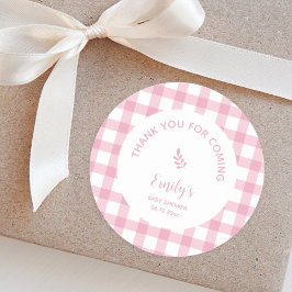 Rosa Gingham Girl Baby Shower Tack för att komma Runt Klistermärke