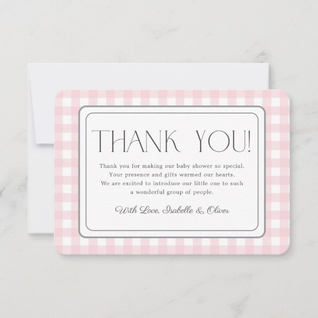 Rosa Gingham Girl Baby Shower Tack för ditt kort (Framsida)