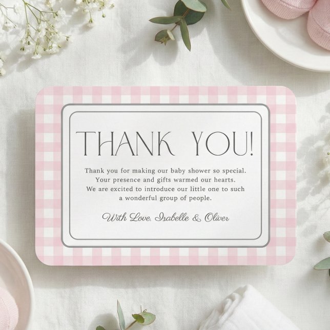 Rosa Gingham Girl Baby Shower Tack för ditt kort (Pink Gingham Girl Baby Shower Thank You Card)